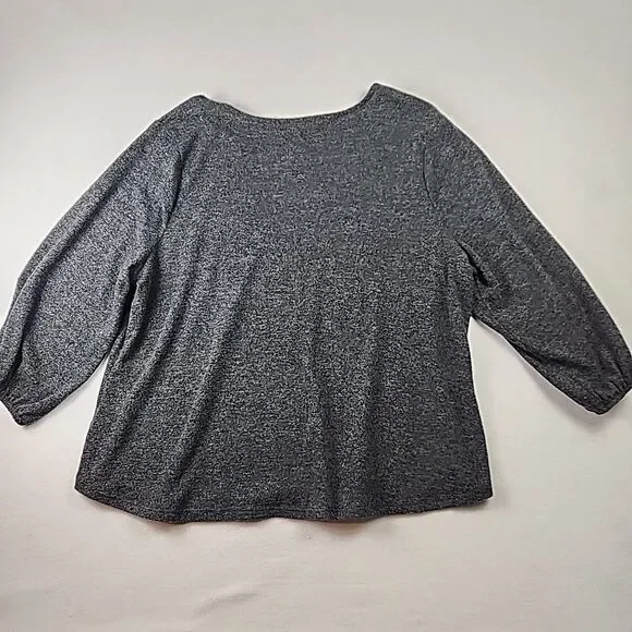 Adrienne Vittadini 2XL Grey Crystal Studded Round Neck Sweater Gathered Sleeve - Picture 8 of 9